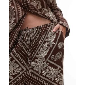 MANGO Size Small brown Ivory Bandana Print Wide Leg Pants tie waist band nwt